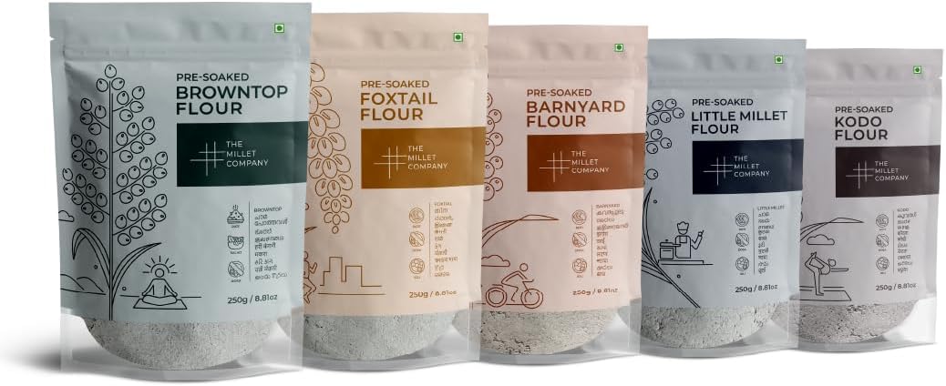 THE MILLET COMPANY Pre-Soaked Millet Flour Combo Pack Of 5, Browntop, Foxtail, Kodo, Barnyard, And Little Millet, Gluten Free, Unpolished, High Fibre Flour (250 Gm Each)