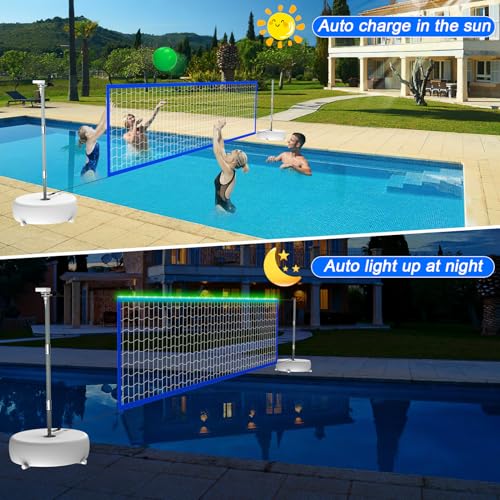 Pool Volleyball Net Set with Lights, Solar Powered Portable Outdoor LED Volleyball Net for Pool with 2 Glowing Balls,Pump and Weighted Bases, Adjustable Length 15ft-32ft for Inground Pool.