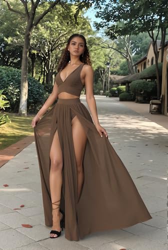 Image of Women Sexy 2 Piece Outfits Dress Chiffon Strap Deep V Neck Bra Crop Top High Split Maxi Dresses Skirt Set