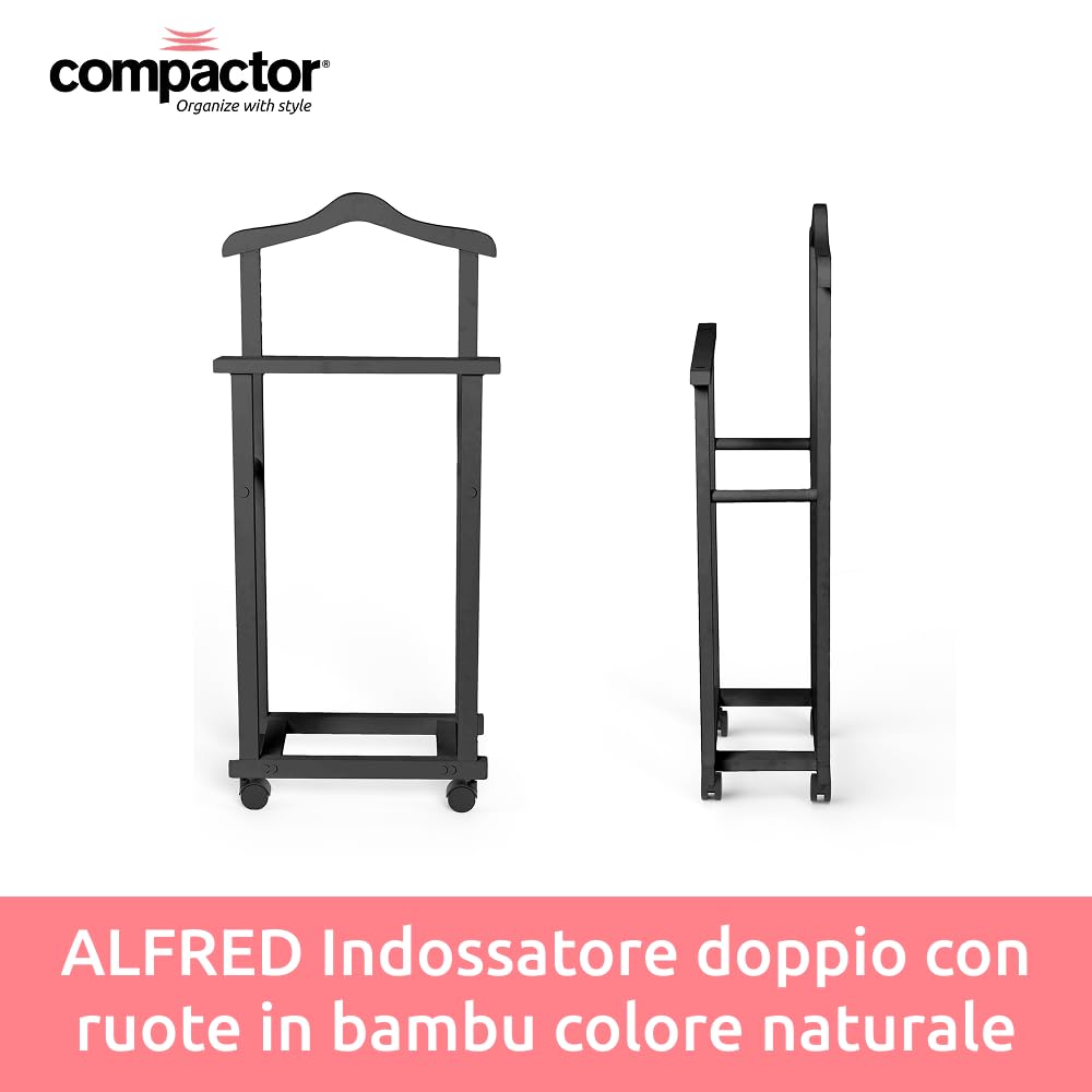 Compactor ALFRED Indossatore Doppio in Bambù, Finitura Nera, con 4 Ruote Piroettanti, Gruccia e Barra Portapantaloni, Appendiabiti da Camera, 42 × 20 × H98,5 cm