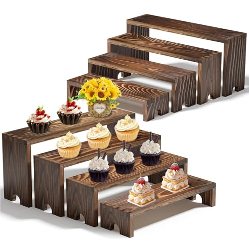 YUZUKYAUY Large 2 Set Stackable Wooden Cupcake Stand Tiered Riser Display Stands for Vendor Events Vendor Booth Display Items Farmhouse Decor Wood Dessert Table Display Set (Dark Brown, 2Pack)