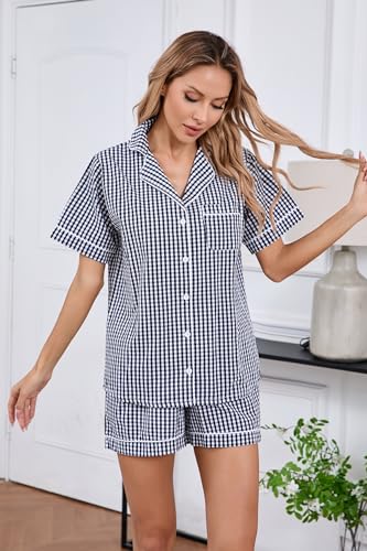 Image of LUBOT 100% Cotton Pajamas for Women 2 Piece PJ Set Poplin Woven Lightweight Ladies Button Short Sleeve Sleepwear S-XXL