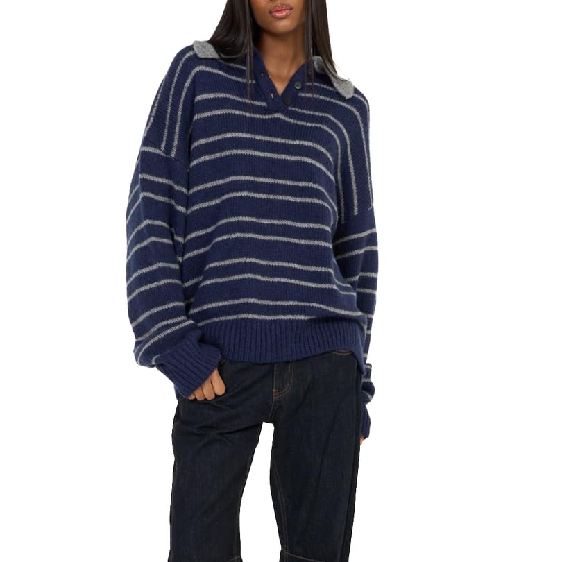 Women Striped Sweater Rugby Polo Oversized Color Block Knit Pullover Tops Vintage Preppy Going Out Streetwear2