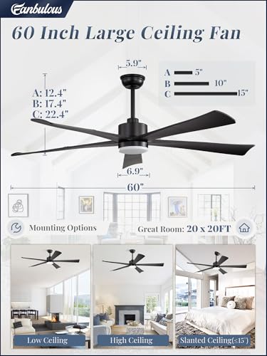 Image of Fanbulous 60 inch Ceiling Fan with Lights and Remote, Quiet Black
