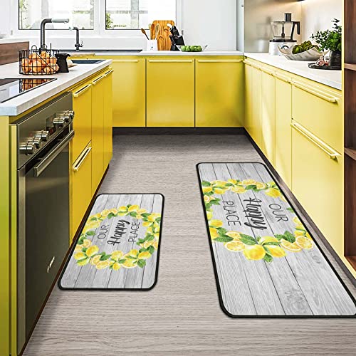 2Pcs Lemon Kitchen Rugs And Mats Non Slip Set Of 2 Our Happy Place Lemon Mats For Spring Summer Indoor Kitchen Floor Decor Waterproof Standing Kitchen Runner Mats 17”X30”+17”X47” #TOP4