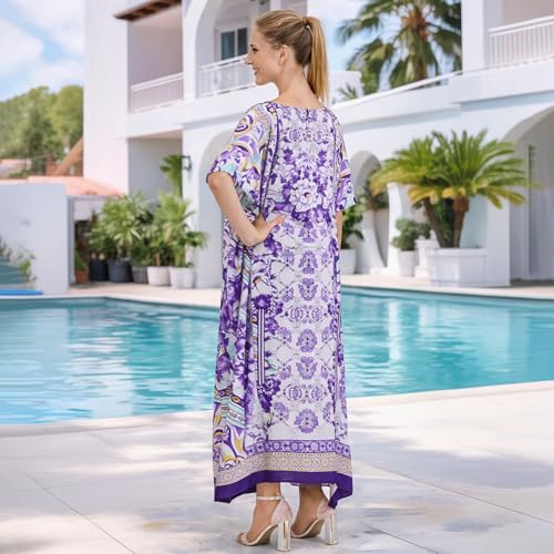 Image of Miss Lavish London Swimwear Cover ups Kaftan Dresses for Women Ethnic Print V Neck, Beach Coverups Plus Size, Side Slit & Pockets on Both Sides, Womens Beach Resort Wear-Purple-XL