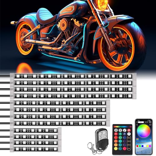 Image of SUNPIE Motorcycle Underglow LED Light Kit for Davidson 12 PCS RGB Under Glow Strip w /Brake Turn Signals for Harley Honda Kawasaki Suzuki Indian, Waterproof Multi Color Strips Light with APP /RF Remote