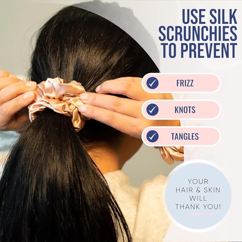 Image of Blissy Silk Scrunchies (3 Pack) - 100% Pure Mulberry Silk - 22 Momme 6A High-Grade Fibers Scrunchie for Straight & Curly Hair (Black /Gold /Pink, Skinny)