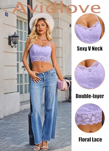 Image of Avidlove Bralettes for Women Lace Camisole V Neck Double-Layered Adjustable Strap Tank Cami Crop Top