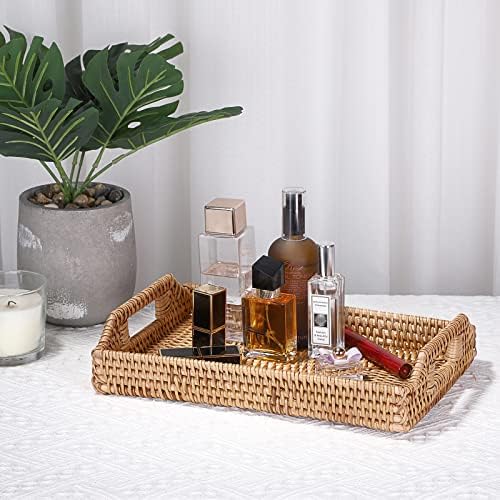 Sumnacon Rectangule Rattan Woven Serving Tray Decorative Display Tray Storage Platters with Handle Table Desktop Organiser Tray for coffer,Drink,Breakfast,Tea,Candle