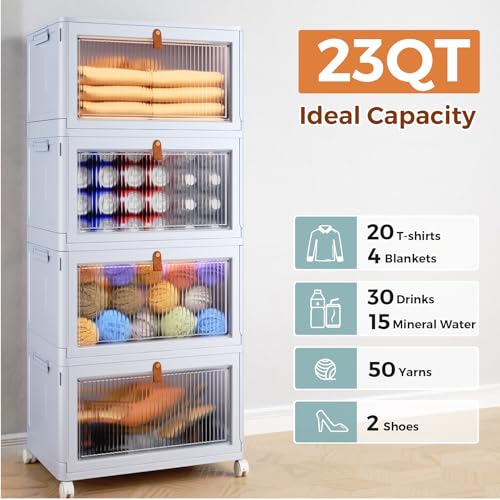 4 Tier Stackable Plastic Storage Bins with Lid and Wheels - 23 QT Closet Organizers and Storage, Foldable Storage Containers, Organization and Storage Boxes for Craft, Home, Pantry, Dorm,Grey