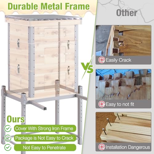 GUTINNEEN-Bee-Hive-with-Metal-Frame-and-Stand-10-Frame-Langstroth-Beehive-Dipped-in-100-Beeswax-Complete-Bee-Hives-Box-includes-Wooden-Frames-Waxed-Foundations