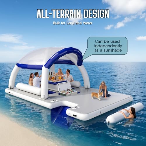 Image of SPECRAFT Inflatable Floating Dock, 16.4x10x7.2 FT Water & Land Inflatable Platform with Canopy, Built-in Table, Water-Level Seating, Large Floating Deck and Ladder for Lakes, Pools & Beach