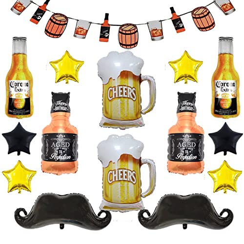 24 globos de helio de Mylar de cerveza, botella de whisky, taza de cerveza, globos de aluminio de barba para cumpleaños, correas, suministros de decoración de fiesta temática de whisky