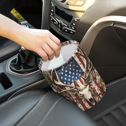 Image of Pensura American Flag Deer Car Garbage Bin Quality Fabric Mini Car Trash Bin Interior Bottom Waterproof Camping Trash Can for Automotive Cars SUVs and Trucks Backseat Headrest