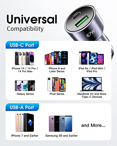 Byeasy Usb Car Charger, 67W Dual Port Fast Type C Charging Adapter, Pd3.0 Qc4.0 Power Output Charger, Car Cigarette Lighter Plug For Macbook, Laptop, Iphone 14/13, Samsung S22/S21, Ipad Pro More #TOP6