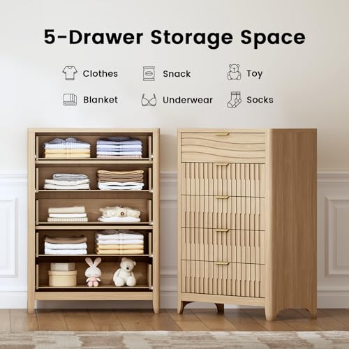 Image of Fluted 5 Drawers Dresser for Bedroom, 44'' Tall Wooden Chest of Drawers with Metal Handles, Modern Dresser TV Stand, Wood Clothing Storage Organizer for Living Room, Entryway, Natural Oak
