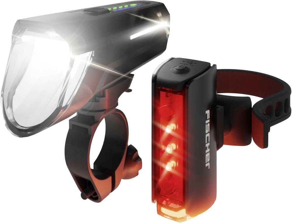 Fischer Twin Stop Kit d'éclairage LED pour vélo 110 lux avec Mode capteur, réglage de la portée Lumineuse, jusqu'à 8 Heures d'autonomie, Noir, 1 pièce