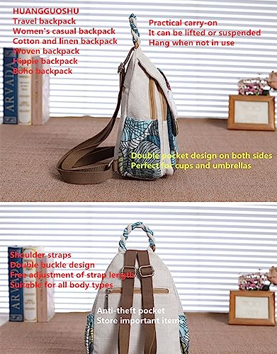 Image of Women's Cotton Hemp Cloth Backpack Boho Vintage Embroidered Casual Purse Handbag Messenger Bag with Cat Design