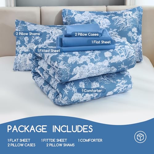 Image of DJY Full Size 7 Piece Bed in a Bag-Floral Botanical Mineral Blue Comforter Set,Full Comforter with Sheets