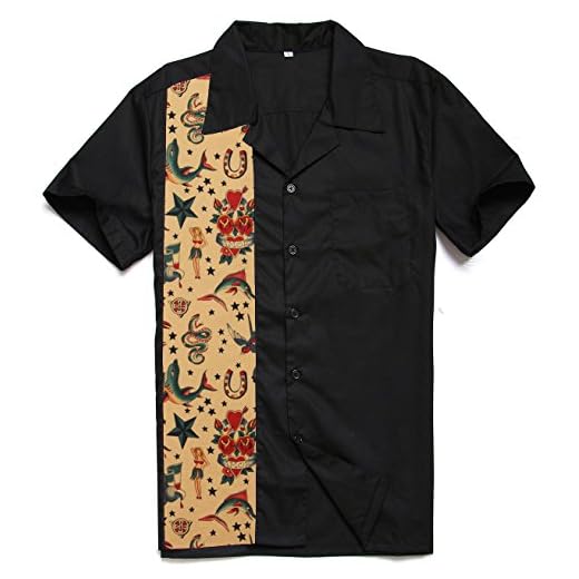 Anchor MSJ Män 50-tals herrkläder rockabilly stil vardaglig bomullsblus herr femtiotalet bowlingklänning skjortor, Svart, L