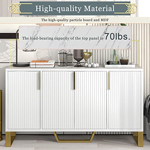 P Purlove Modern Sideboard, Simple And Luxury Style Sideboard With Gold Metal Legs And Handles, Particle Board And Mdf Board Cabinet With 4 Doors And Adjustable Shelves (White) #TOP6