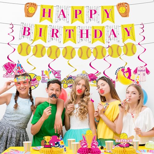 Image of Softball Birthday Party Decorations - Themed Happy Banner, Hanging Swirls, Honeycomb Centerpieces, Table Decor, Sports Party Supplies