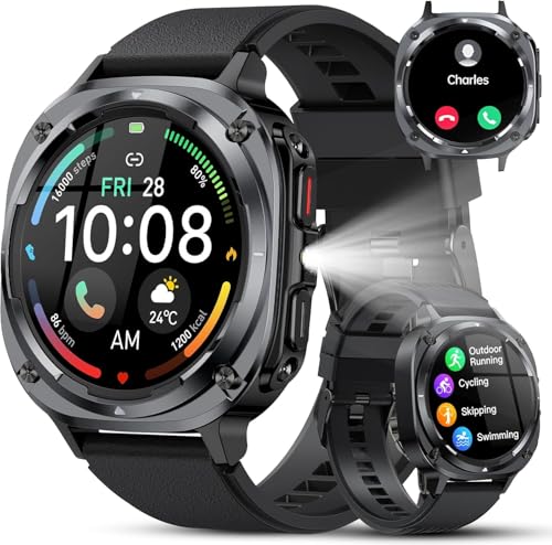 2025 Reloj Inteligente Hombre Militar, 1.45' HD Smartwatch Hombre con Llamadas BT 5.3, 114+ Modos Deportivos, Monitor de Sueño/Podómetro/Pulsómetro, IP68 Impermeable Pulsera Actividad para Android iOS