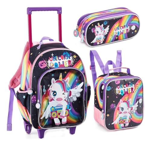 Kit Mochila Escolar Infantil com Rodinhas 3 em 1 para Menina – Mochila + Lancheira + Estojo – Mochila de Rodinha Feminina Infantil - Sereia, Unicórnio e Fada (Unicórnio 2)