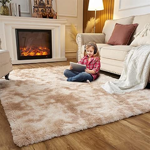 EasyJoy Fluffy Shag Area Rugs for Bedroom, Tie-Dyed Beige Camel Shaggy Throw Rug Plush Living Room Carpet 8 x 10 Feet, Fuzzy Nursery Shaggy Rugs for Girls Boys Room Cover