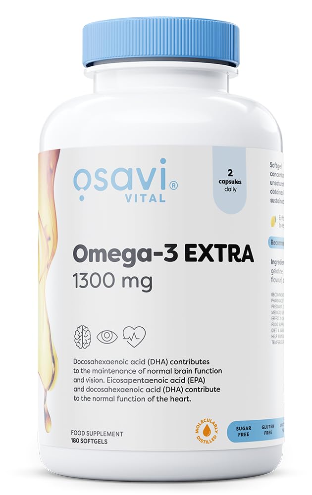 Osavi Omega–3 Extra Molecularly Distilled 1300 mg – 180 Softgels | Lemon Flavor | EPA & DHA for Heart Health, Brain Function, and Vision I Molecular Distillation for Maximum Purity