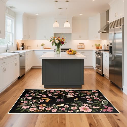 Washable Rug 2'×6' - Washable Runner Living Room Rug Boho Black Small Rugs for Entryway Kitchen Door Mat Indoor Entrance 2'×6' Rugs Butterfly Mats