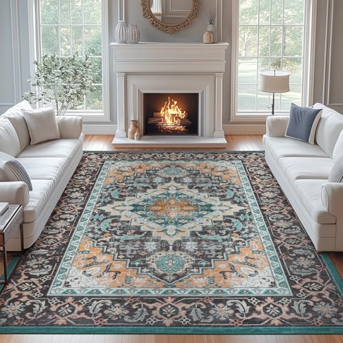 Lofus 8x10 Area Rugs for Living Room, Washable Area Rug, Rugs for Bedroom, Kitchen, Vintage Boho Carpet, Soft Non-Slip, Low Pile Large Area Rug for Office Dining Room, Floral Green