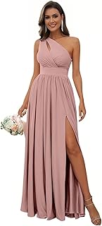 One Shoulder Chiffon Bridesmaid Dresses for Wedding Long Pleated Evening Gown with Slit