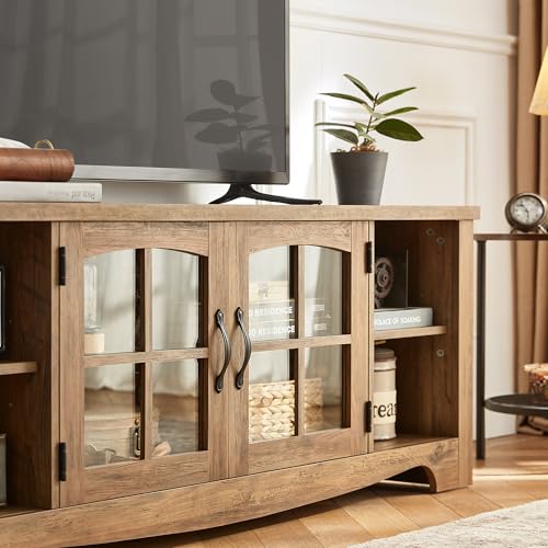 LINSY HOME TV Stand for 75 Inch TV, Modern Farmhouse Entertainment Center with Storage Cabinets and Glass Doors, Tall Media Console Table for Living Room, Bedroom, Large Long Television Stand, Brown - Image 6