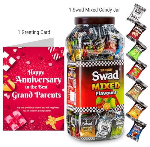 Image of Swad Happy Anniversary Dada Dadi Gift with Card (Swad Mixed Flavours Candy 200 Jar & 1 Greeting card) 2 units