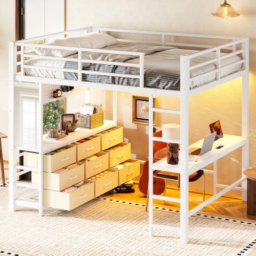 Image of Bellemave Full Size Loft Bed Frame with Desk and Storage Drawers,White