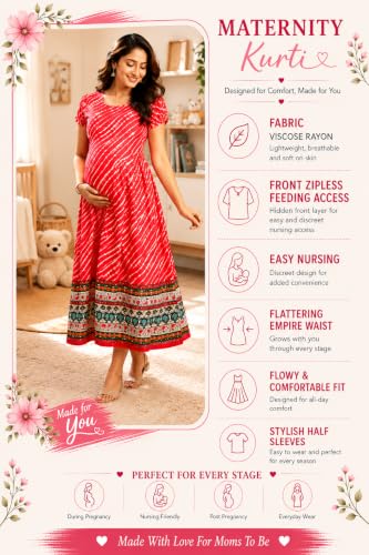 Image of RITIJYA Zipless Feeding Kurta Dress for Women | Maternity Nursing Kurti, No-Zip Easy Access | Extra Pleats Pre to Post Pregnancy | Quick-Dry Fabric | S-4XL