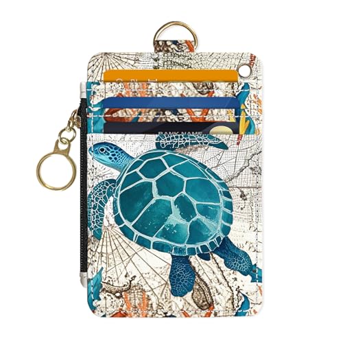 Image of Slim Wallet Credit Card Holder, Vintage Sea Turtle, RFID Wallet Women Cute Small Front Pocket Wallet With Zipper, PU Leather Thin travel RFID Blocking Card Case ID Window ,Ladies Gifts