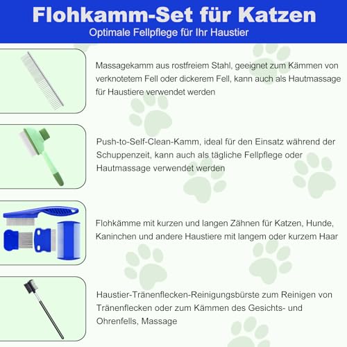 FOSER Katze Hund Flohkamm, 7 Stück Katzen und Hunde Pflegekamm, Läusekamm (7 Stück - Blau + Grün)