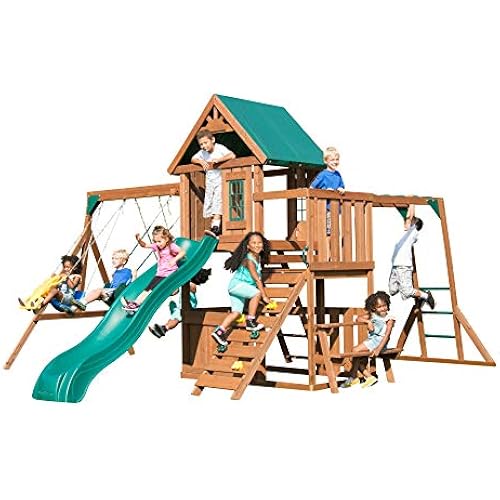 Swing-N-Slide Fremont Wooden Swing Set with Slide, Glider, Swings, Monkey Bars, Climbing Wall and Picnic Table, Wood, Green