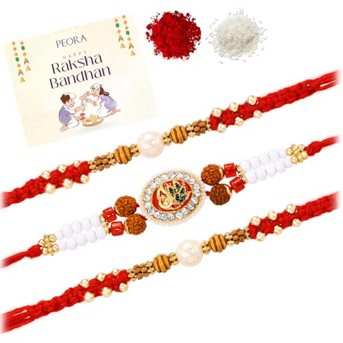 Image of Peora Rakhshabandhan Thread Rakhi for Brother Bhaiya | Crystals & Kundan Studded | Combo, Set of 3 | Rakhi Hamper with Roli Chawal & Greeting Card