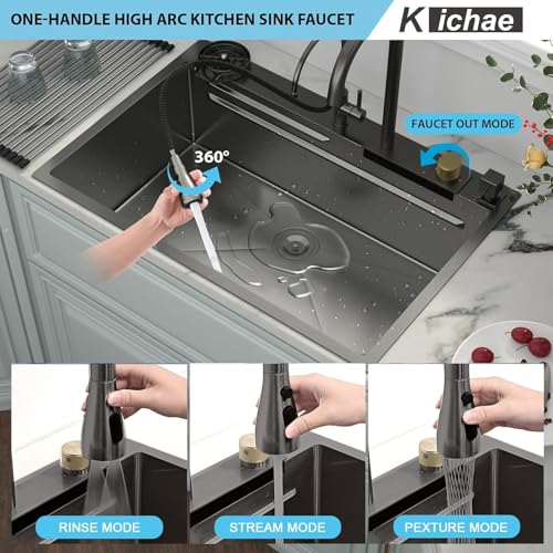 Image of Kichae 33 Black Kitchen Sink Drop In Waterfall Stainless Steel 16 Gauge