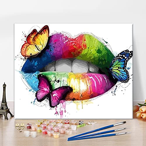 DIY Malen nach Zahlen, Schmetterlingskuss Malen nach Zahlen für Erwachsene, Farbige Lippen Bild Malen nach Zahlen Kits auf Leinwand mit Pinseln und Acrylpigment, 16" x 20" für Anfänger Kinder Cover