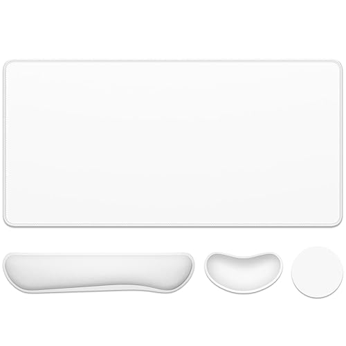 Dapesuom Keyboard Wrist Rest Mouse Pad Set, 4Pcs Extended Large XXL Gaming Mousepad + Mouse Wrist Cushion + Memory Foam Keyboard Wrist Support + Cup Coaster, White 31.5x15.7in Desk Pad for Home Office - Ivory White
