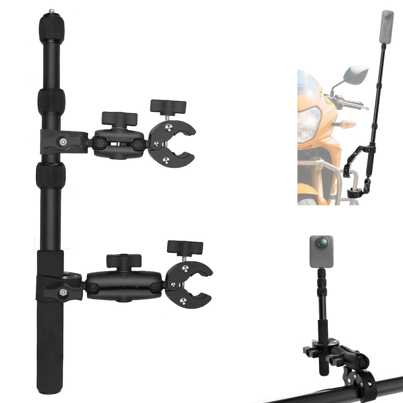 OSMO 360 Motorrad Kamera Halterung Set mit 43" Unsichtbar Selfie Stick kompatibel mit Insta360 X5-X Hochleistungs Fahrrad Lenker Klemme kompatibel mit GoPro 13-3 Fahrrad ATV UTV Motorrad Vloggen