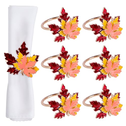 Lovmeety Maple Leaf Fall Napkin Rings Set of 6 - Multicolor Autumn Themed Holder for Thanksgiving, Party, Gathering, Wedding, Home Table Decor