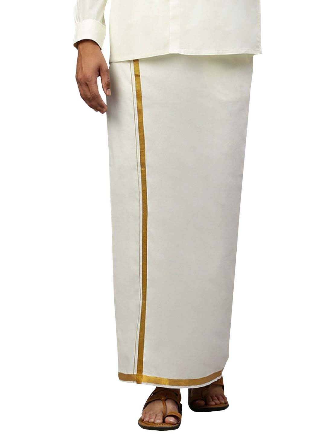 RAMRAJ trending cotton solid adjustable dhoti for men(XL ; Cream/Gold_5)