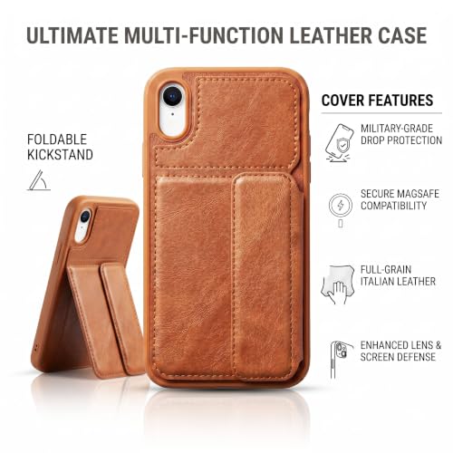 Image of amazon basics Luxury Vegan Leather Back Cover for iPhone XR | Built-in Card Holder Slot | Integrated Mobile Stand | Slim Shockproof Protective Case with Stitched Finish - Tan