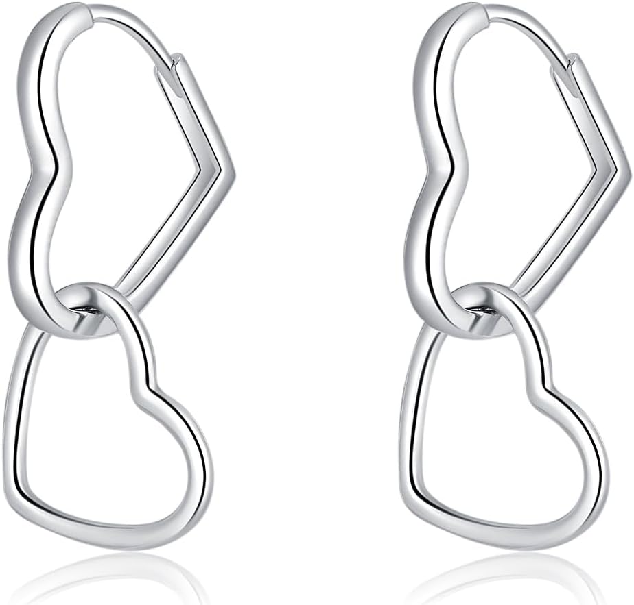 SLUYNZ 925 Sterling Silver Heart Hoop Earrings for Women Teen Girls Sweet Love Hoop Earrings Double Heart Earrings